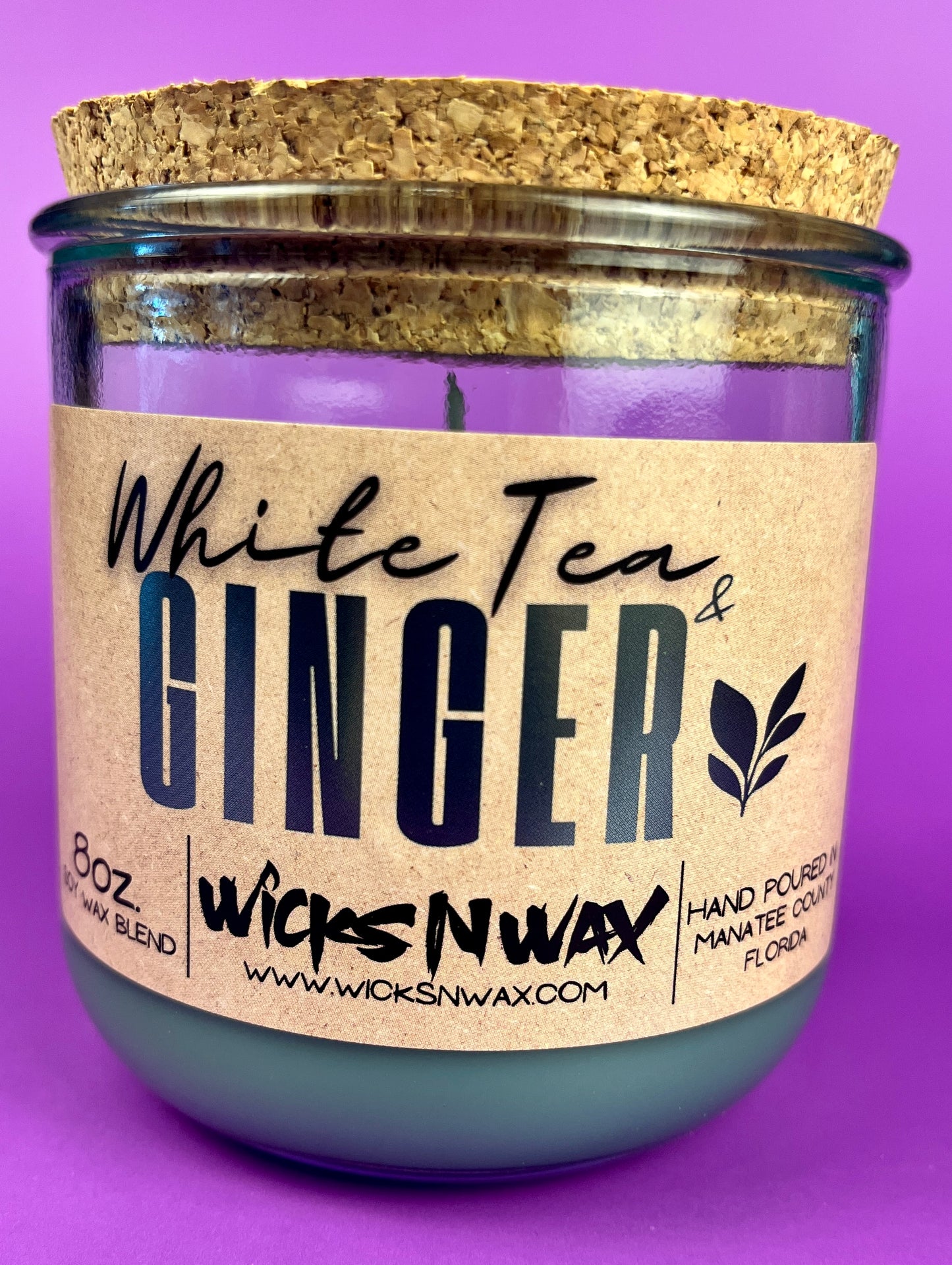 Recycled glass candle jar with cork lid and White Tea & Ginger label, WicksNWax.