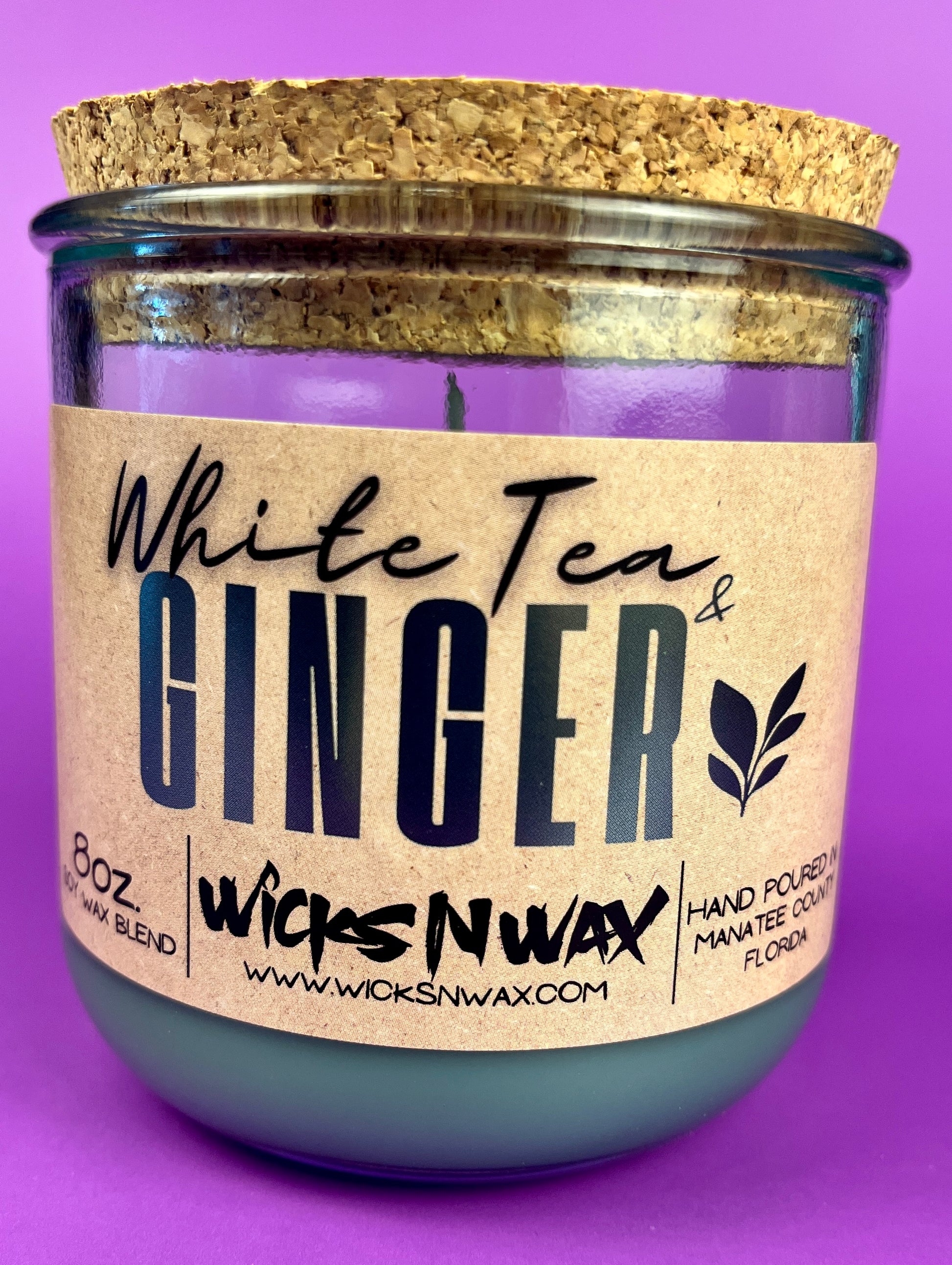 Recycled glass candle jar with cork lid and White Tea & Ginger label, WicksNWax.
