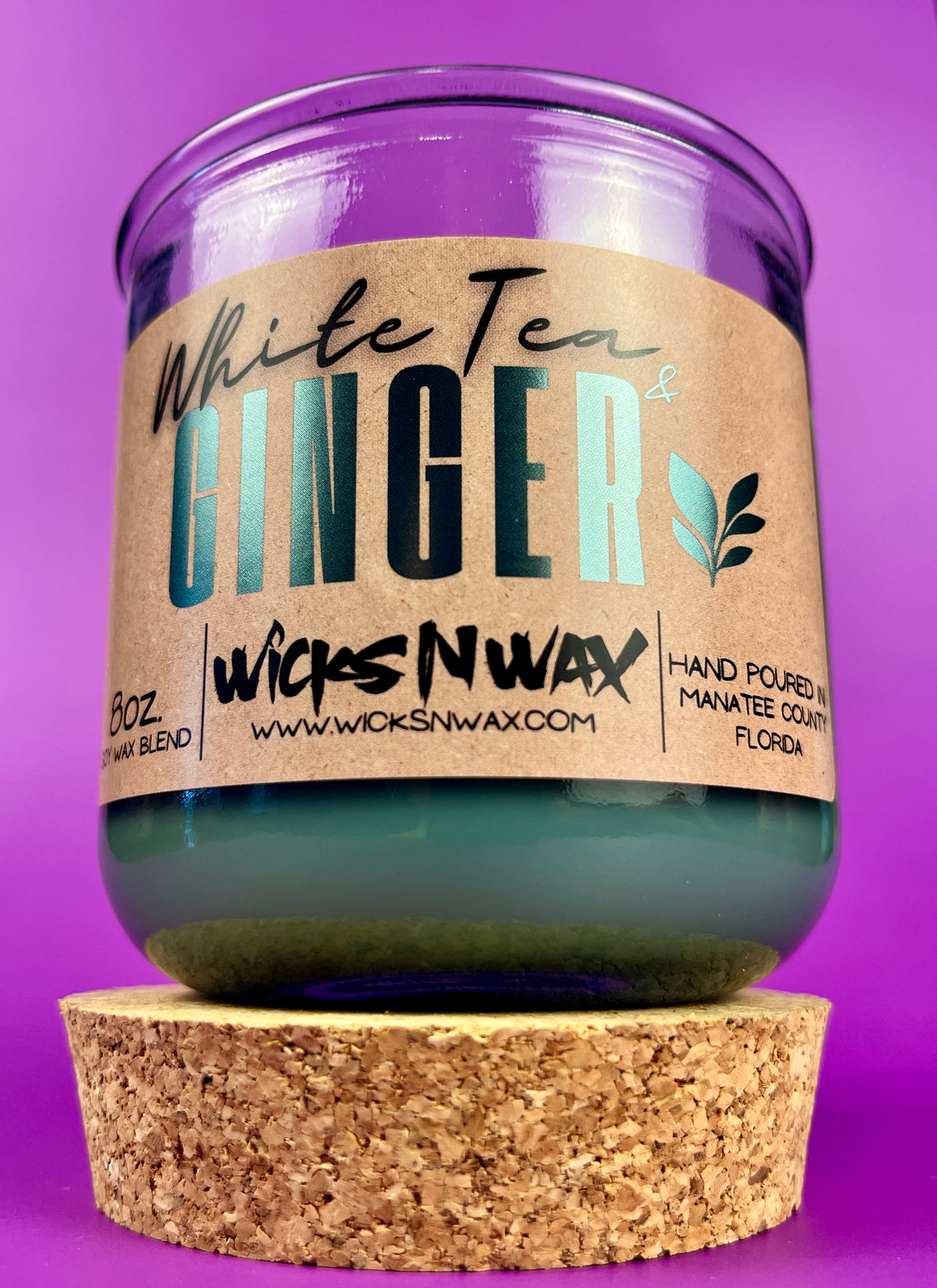 Recycled glass candle jar with cork base and White Tea & Ginger label, WicksNWax.