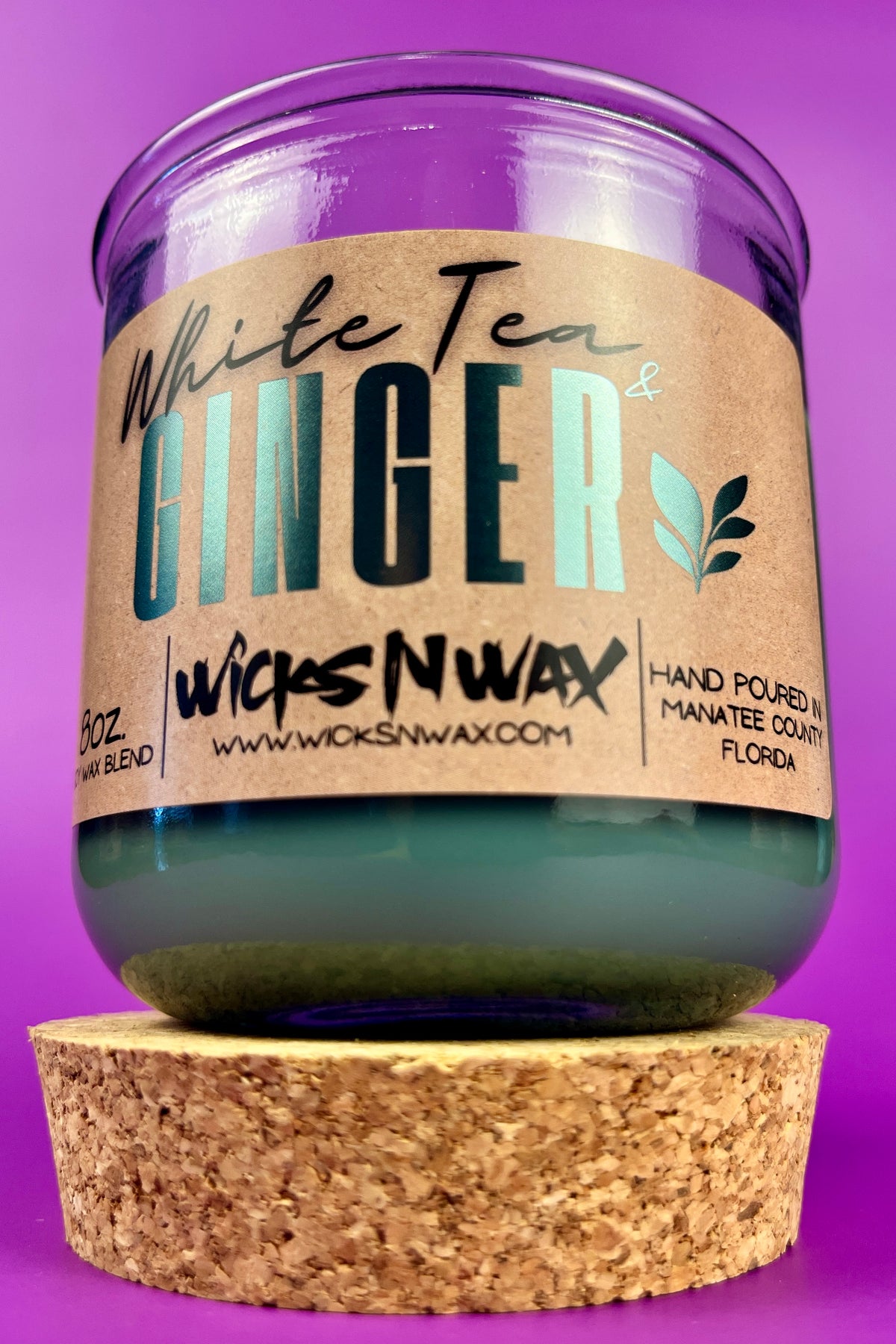 Recycled glass candle in jar with cork base, White Tea & Ginger label, WicksNWax.