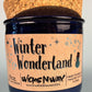 Blue glass candle with cork lid and Winter Wonderland front label