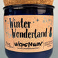 Blue glass candle with cork lid and Winter Wonderland printed label