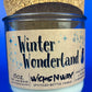 Recycled glass candle in clear jar with cork lid and Winter Wonderland artwork