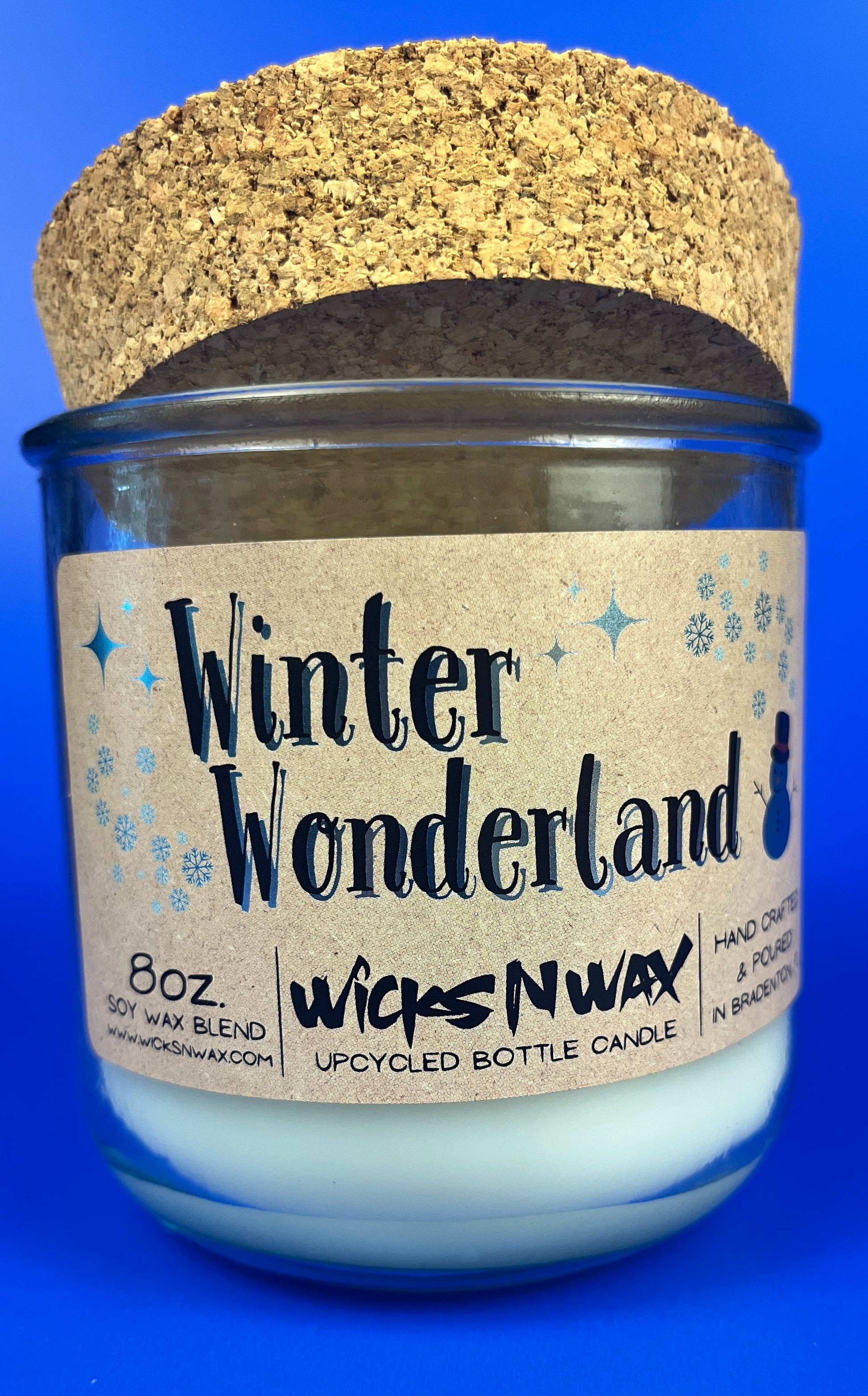 Recycled glass candle in clear jar with cork lid and Winter Wonderland artwork