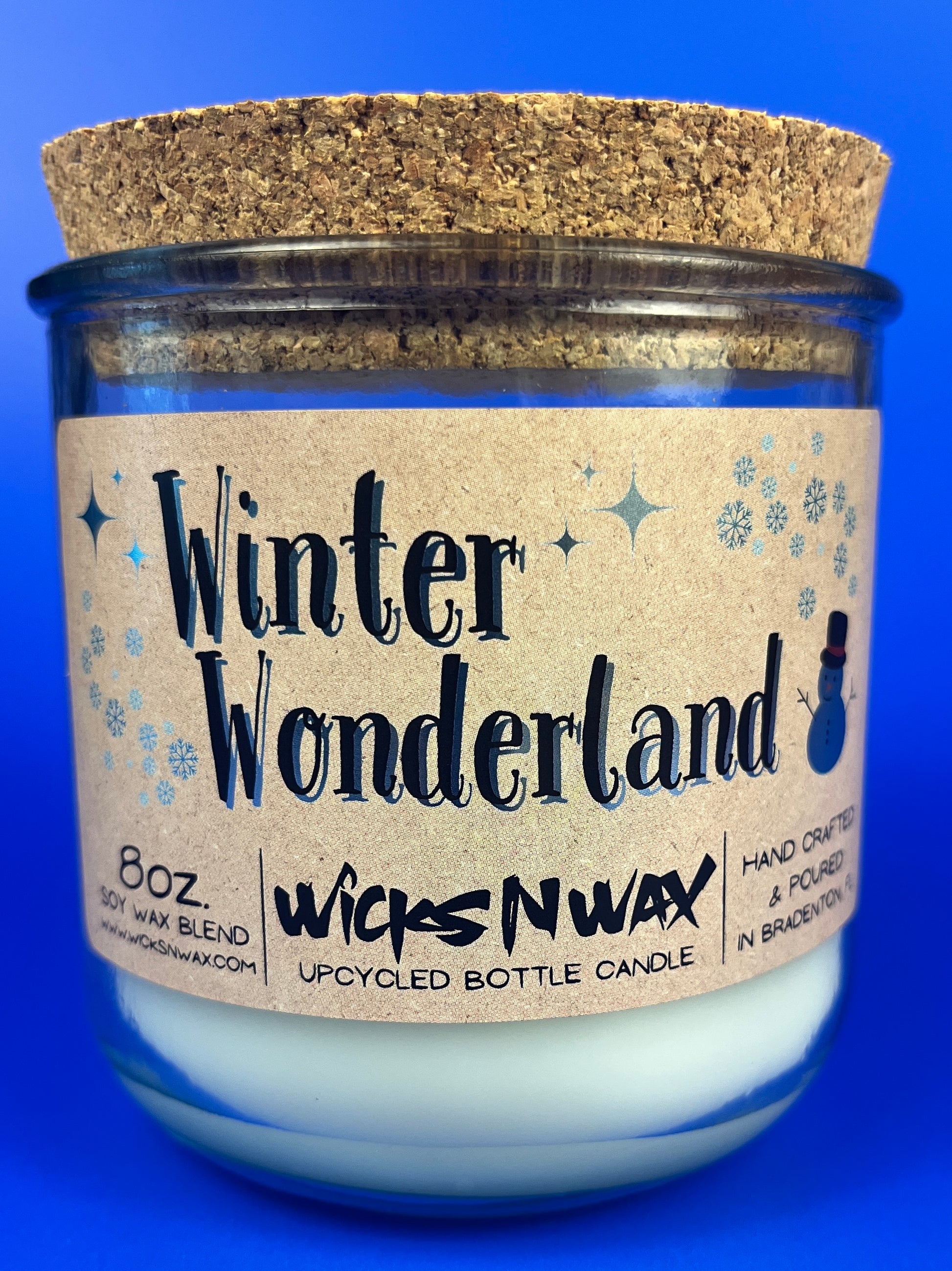 Recycled glass candle with cork lid and Winter Wonderland label
