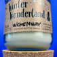 Recycled glass candle with cork base and Winter Wonderland label on clear jar