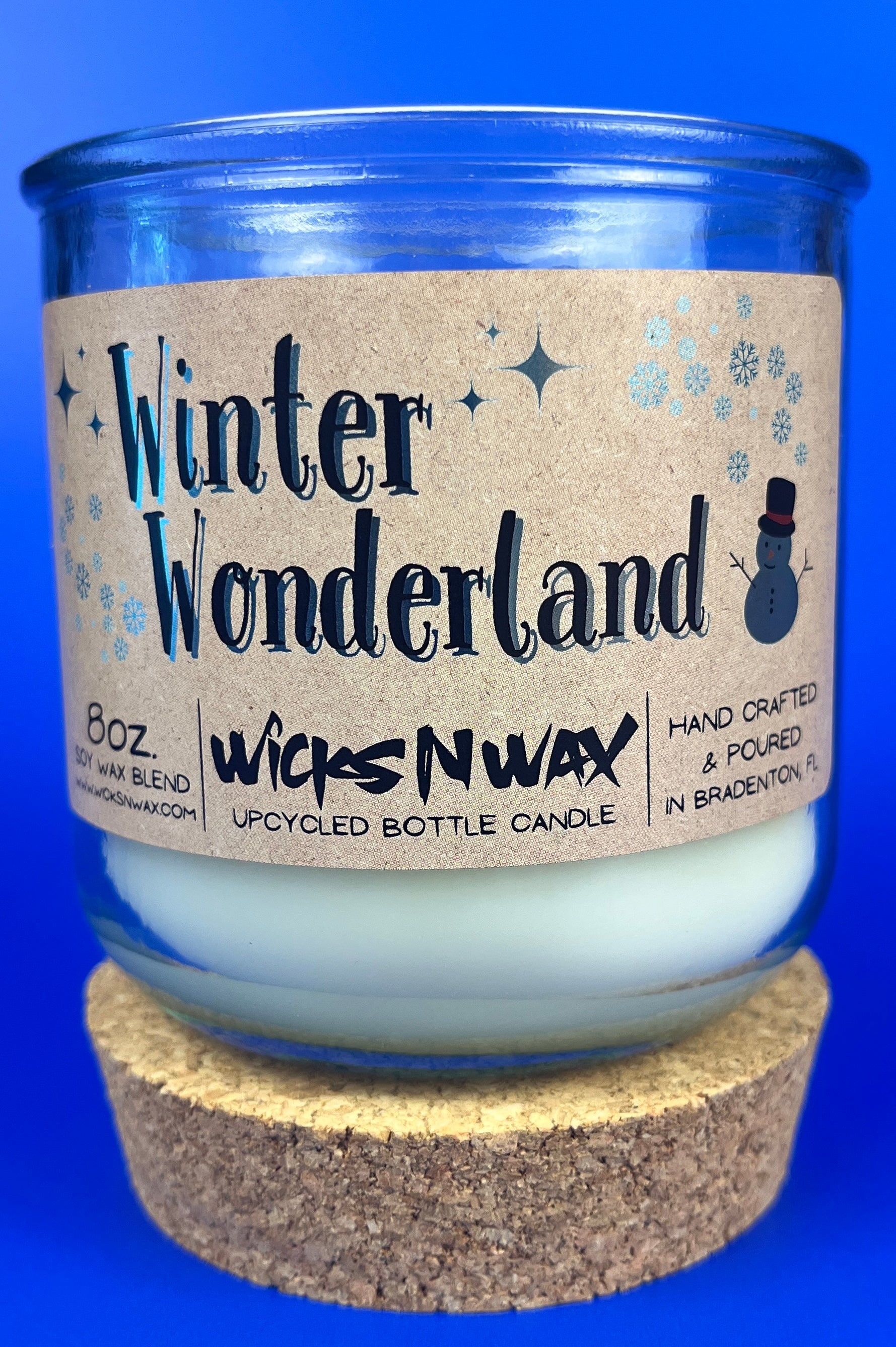 Recycled glass candle with cork base and Winter Wonderland label